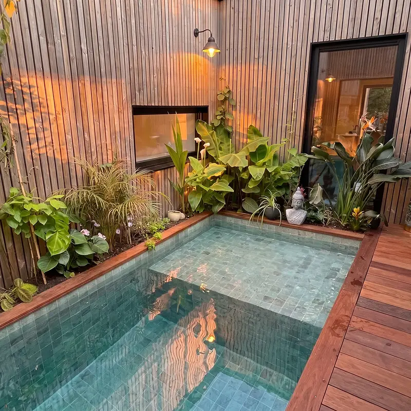 piscina balinesa con piedra de Bali natural al atardecer